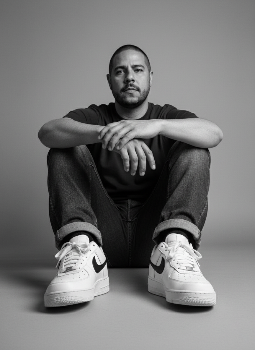 Black and white portrait of Luis Miguel Caamano